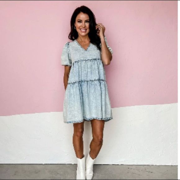 🆕NWOT LIGHT DENIM BABYDOLL MINI DRESS - Picture 1 of 6